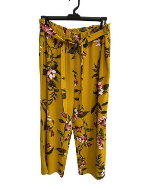 Arabella 3X Mustard Yellow Floral Wide Leg Pants Waist Tie Boho Gardencore